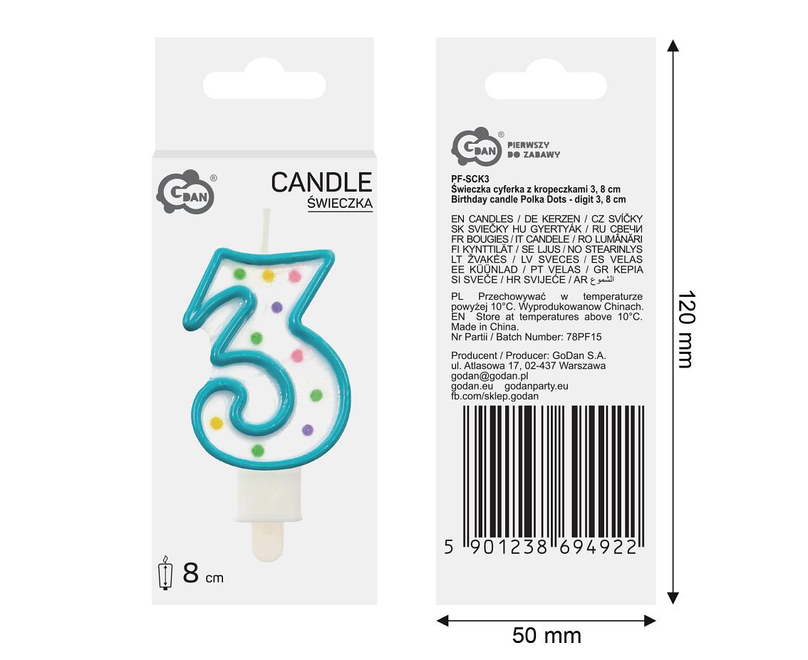 Candle number with dots 3, 8 cm